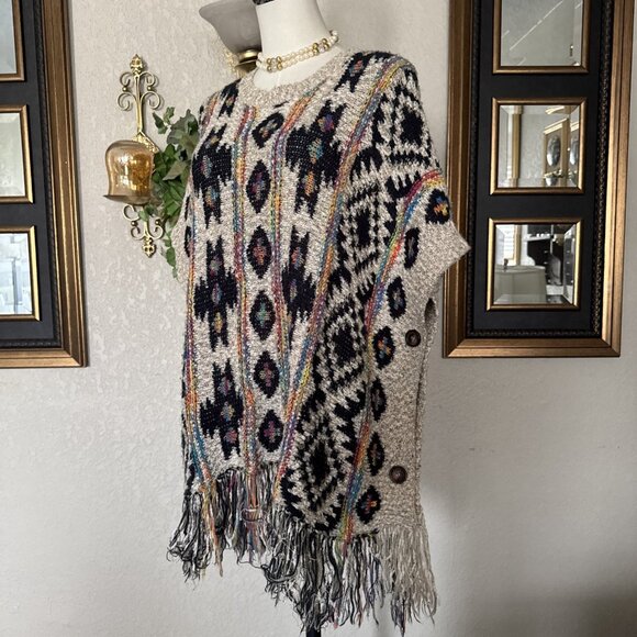 Women's Poncho knit Sweater Aztec Multicolor Metallic Patches Button Side Sz 10 - Picture 3 of 15